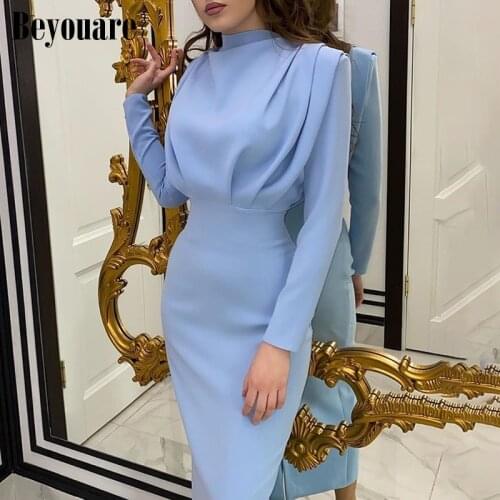 Beyouare Fashion Elegant Women Dress Stand Collar Long Sleeve Slim Waist Solid Blue Ankle Length Dress Autumn Casual Party 2020