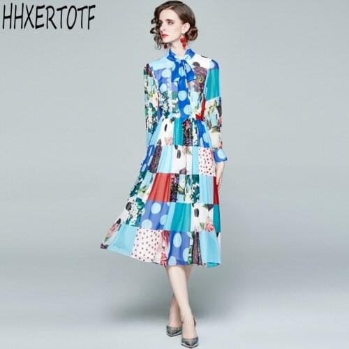 2021 Spring Foreign Style Holiday fashion Casual Elegant Wave Point Blue Printed Slim Chiffon midi Dresses Women Spring Gothic