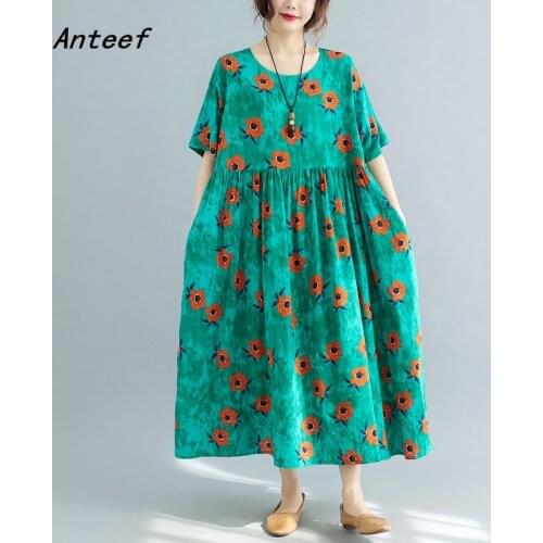 Short sleeve cotton vintage floral dresses for women casual loose long woman summer dress elegant clothes 2021