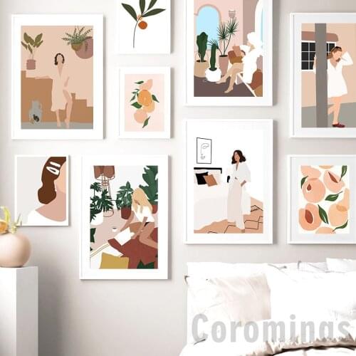 Abstract Girl Plant Fruit Leaf Vintage Nordic Posters And Prints Wall Art Canvas Painting Wall Pictures For Living Room Decor