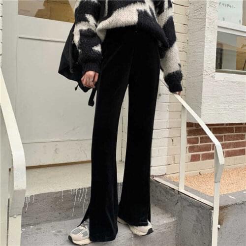 Casual Velvet Pants Women Black Elastic-waist Side-split Harajuku Regular Popular High Street Cool Fashion Retro Female