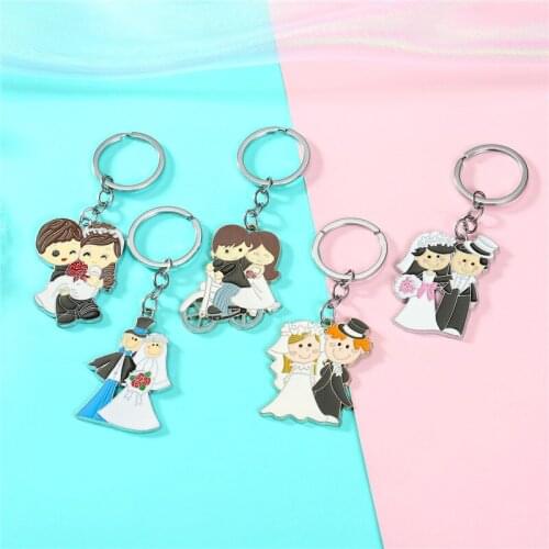 Dayoff 1PC Cute Couples Bride Bridegroom Keychains For Women Girls Korea Lovely Enamel Metal Key Ring Gift Bag K140