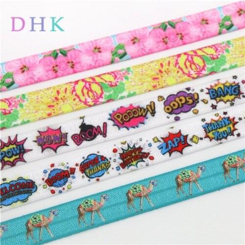 DHK 5/8'' 10yards letter flowers camel printed Fold Elastic FOE stretch ribbon hairbow headwear headband DIY OEM B1785