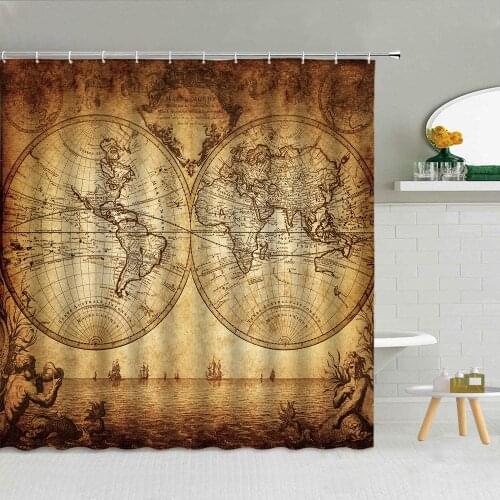 European Retro World Map Shower Curtain Vintage Nautical Compass Bathroom Decor Accessories Waterproof Cloth Hooks Curtains Set
