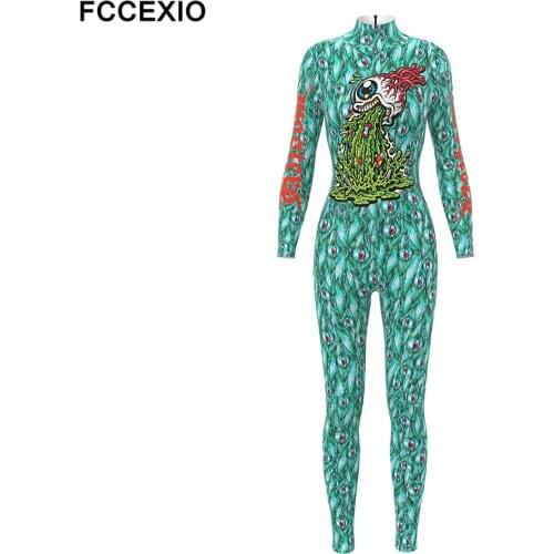 FCCEXIO Halloween Party Cosplay Costumes Women Terrorist Eyeball Print Catsuits Adult Fashion Gothic Bodysuits One-piece Clothin