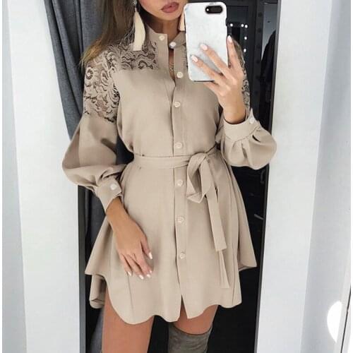 Khaki Plus Size Autumn Spring Fashion Long Shirt Dress Women Solid Long Sleeve Lace Patchwork Belt Party Mini Sundress Vestidos