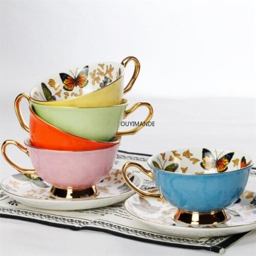 European Bone China Coffee Cup Colorful Porcelain Butterfly Ceramic Tea Cup And Saucer Set British Office Teacup Drinkware Gift