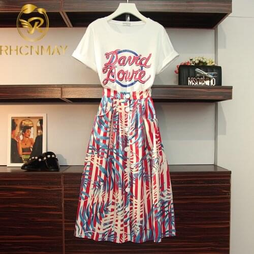 2020 Summer Fashion Letter Print Short sleeve T-shirt Tops + Single-Breasted Striped Print Mid Skirt Sets Women 2 Piece set