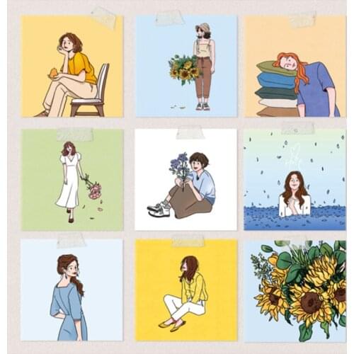 Korean Ins Cartoon Tender Girl Decorative Card 9 Sheets Room Wall Sticker Creative Illustration Postcard Bookmarks Photo Props
