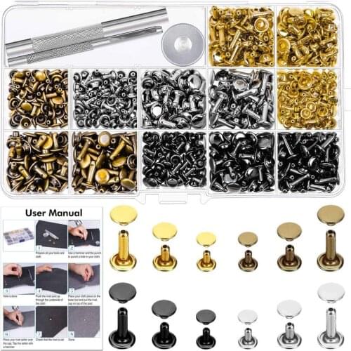 Leather Rivets Kit,360 Sets Double Cap Brass Rivets Leather Studs with Setting Tools for Leather Repair & Crafts,4 Colors&3Sizes