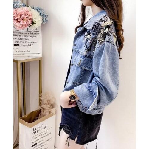 Steetwear Women Casual Loose Fit Denim Jacket Flower Sequined Embroidery Beads Jeans Coat Fashion Chaqueta Outerwear Jackets