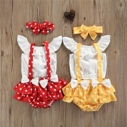 0-24M 3Pcs Baby Girls Summer Sweet Princess Outfits Ruffle Infant Tops + Bowknot Polka Dots Suspender Shorts + Headband Set
