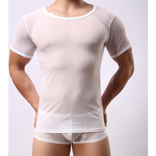 Man Undershirt/Men Sexy Mesh Sheer Basic Shirts/Male Mesh Transparent O-neck Gay Short Sleeves Slimming Undershirts Inner Tops
