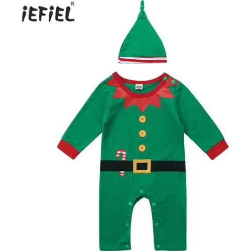 New Infant Baby Boys and Girls Clothes Homewear One Piece Christmas Outfit Long Sleeve Cartoon Pattern Romper Jumpsuit with Hat