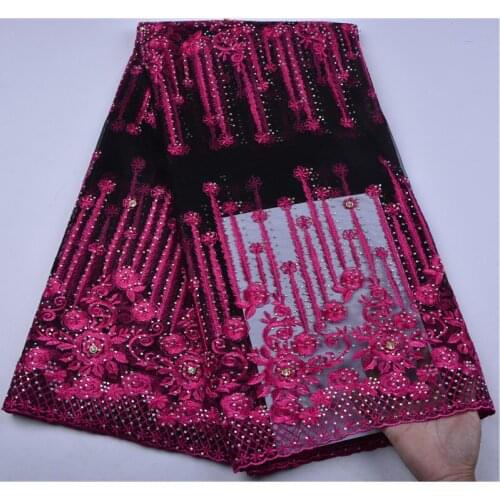 Latest High Quality African Tulle Lace Fabric Stones French Lace Nigerian Bridal French Laces Fabrics Black Fuchsia Pink S1254