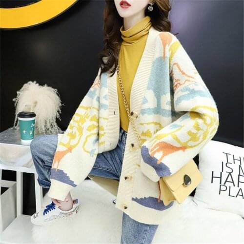 New Graffiti Oversize Cardigan Womens Jacket 2020 Vintage Loose Thicken Knit Woman Sweater Coat V Neck Outwear Knitshirt