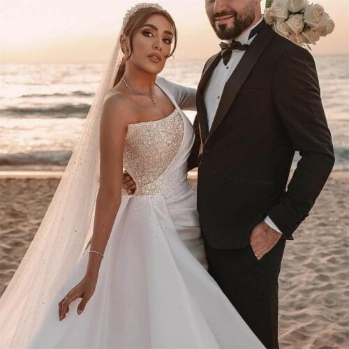 One Shoulder Beach Wedding Dresses Sequins Satin Overskirt Custom Made Bridal Gowns vestido de novia