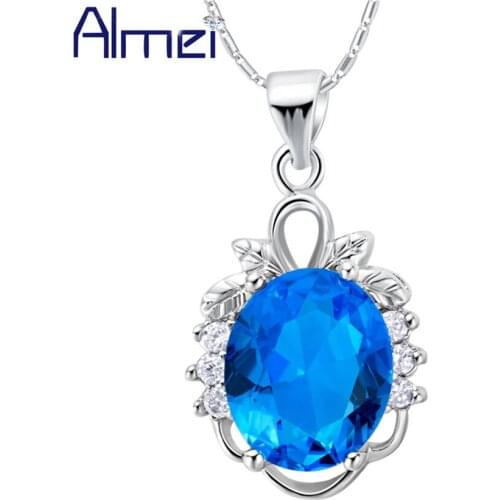 Almei Red/Blue/Purple Cubic Zircon Pendant Choker Necklace for Women Wedding Girls Fashion Kolye Jewelry Accessories Sale N834