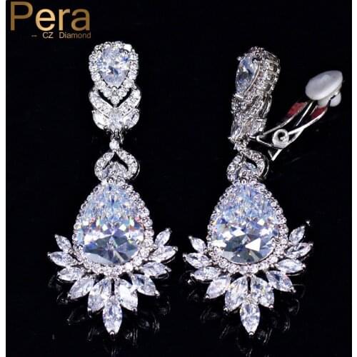 Pera Shinning AAA+ Big Dangle Marquise Shape Waterdrop Cubic Zirconia Elegant Women Wedding Party Clip Earring Non Pierced E388