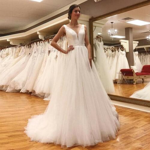 Simple White Tulle A-Line Wedding Dresses V-Neck Sleeveless Custom Made Bridal Gowns 2020 Cheap Wedding Dress