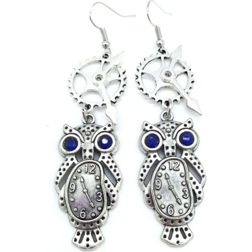 Antique Silver Plated Clock Owls Vintage Steampunk Earrings