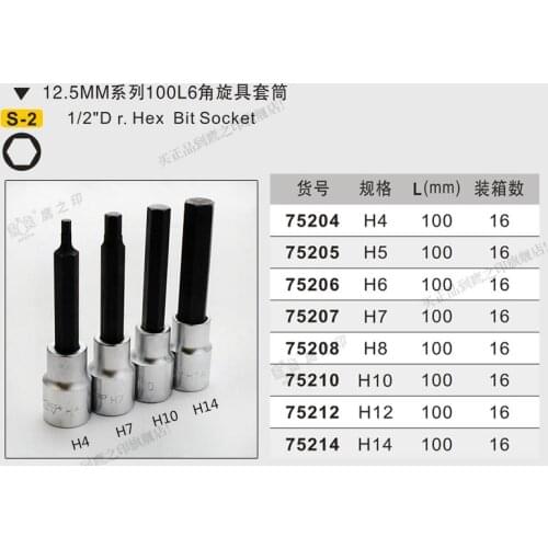BESTIR taiwan tool S-2 alloy steel hex bit socket 1/2 12.5mm L:100mm H4 H5 H6 H7 H8 H10 H12 H14 H17 H19 car tools