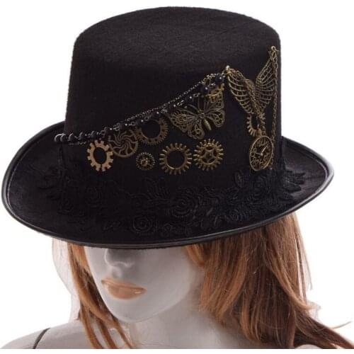 Takerlama Retro Vintage Unisex Steampunk Rose Gears Black Top Hat Gothic Victorian Hats Halloween Lolita Cosplay Hats
