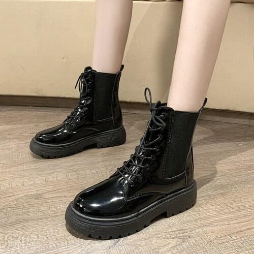 Gothic Sock Platform Leather Chunky Heels Boots Women Army Combat Ankle Boots 2021 Woman Lace up Shoes Fashion Botas Mujer New