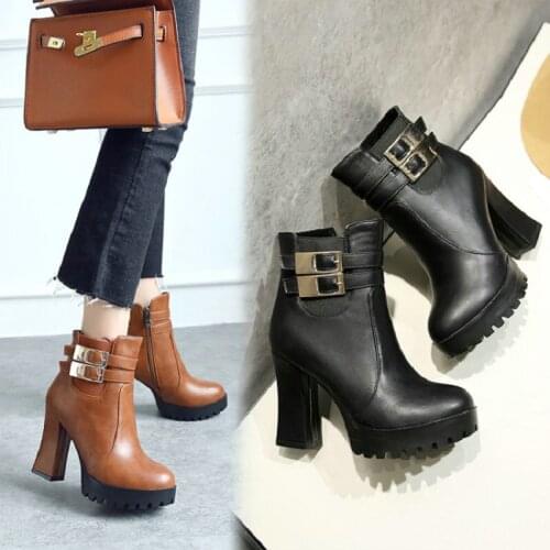 Sianie Tianie Elegant Office Pumps Lady Shoes Block High Heels Round Toe Platform Women Warm Plush Lined Martin Winter Boots