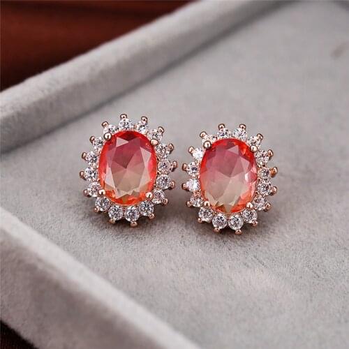Mystic Rainbow Zircon Oval Gradient Stone Flower Stud Earrings For Women Vintage Fashion Rose Gold Color Earring Wedding Jewelry