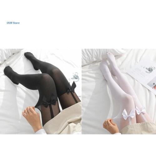 Women Lolita Silky Pantyhose Sweet Bow Fake Stockings Patchwork Cosplay Tights