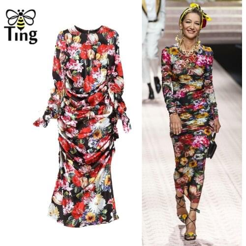 Tingfly Spring Designer Runway Floral Sexy Sheath Long Dress Women Elegant Print Party Dresses Fashion Draped Vestidos Plus Size