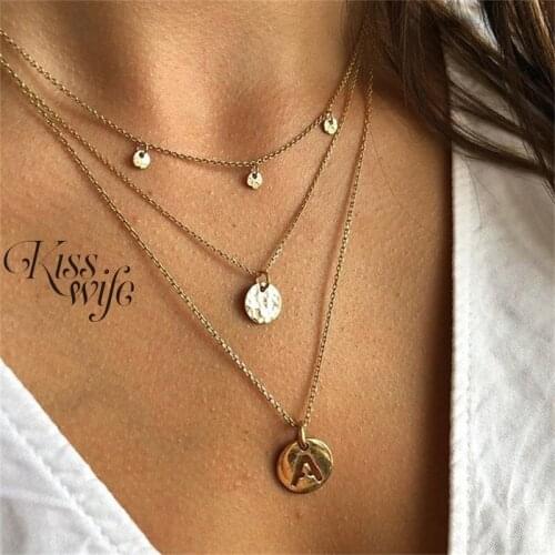 KISSWIFE Bohemian Letter A Necklace for Women Long Chain Round Coin Multilayer Choker 2020 Collares Necklace Fashion Jewelry