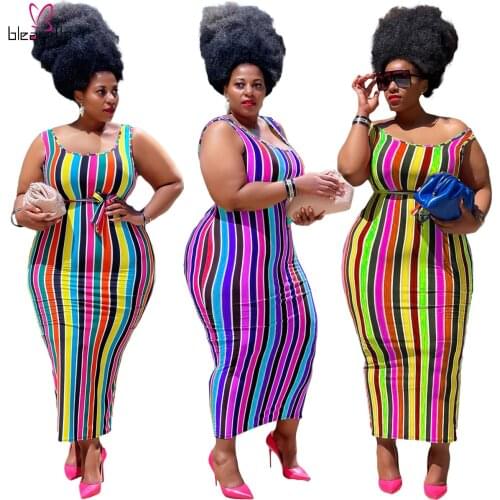 Sexy Stripe Print Vest Large Plus Size Women Dress Sleeveless Bohemian Vintage Bodycon Skinny Long Dresses 5XL Robe Longue Femme