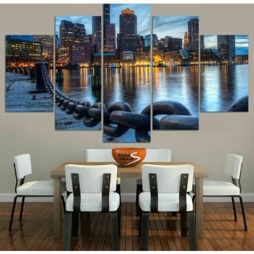 Boston City Harbor River 5 Panel Canvas Picture Print Wall Art Canvas Painting Wall Decor for Living Room Poster No Framed