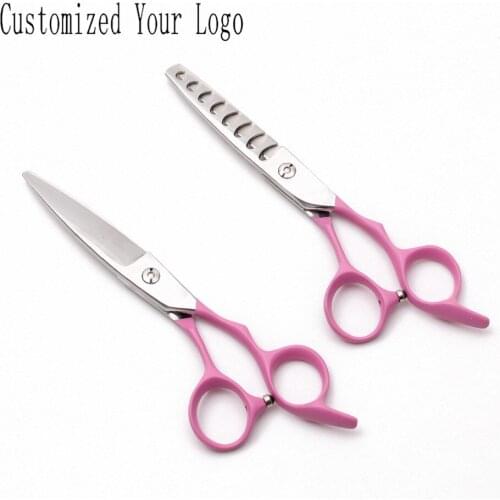 6In. 17cm Customized Logo 440C Pink Elastic Handle Hairdressers Tool Thinning Cutting Scissors Professional Hair Scissors C9122