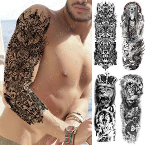 Large Arm Sleeve Tattoo Snake Owl Bear Maori Waterproof Temporary Tatto Sticker Skull Totem Body Art Full Fake Tatoo Women Men