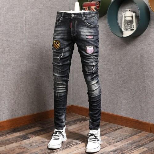 Fashion Streetwear Men Jeans Retro Black Blue Elastic Slim Fit Ripped Jeans For Men Patches Designer Hip Hop Denim Punk Pants