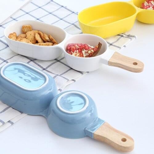 Ceramic breakfast plate, salad bowl, dessert bowl, compartmentalized bowl, tableware with wooden handle