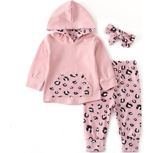 Newborn Baby Girl Clothing Infant Pink Outfits Leopard Print Long Sleeve Hooded Tops Pants Headband 3Pcs Autumn Clothes Set