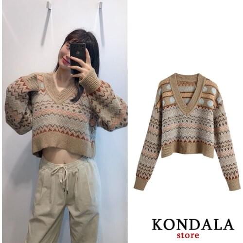 KONDALA Womens Sweater Za Vintage Geometric Print V-Neck Sweaters Plus Size Winter Clothes For Women Oversized Sweater Pullover