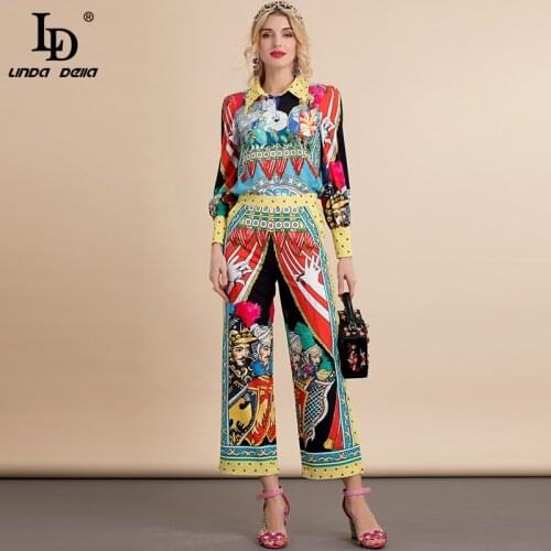 LD LINDA DELLA New 2021 Autumn Loose Vintage Pant Set Women Long sleeve Printed Blouse and Wide Leg Pants Two Pieces Pants Suits