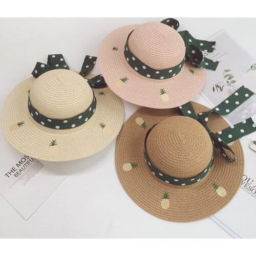 Summer Outing Letter Embroidery Small Pineapple Bow Knot Big Edge Children Straw Hat Personality Girls All-Match Beach Hat