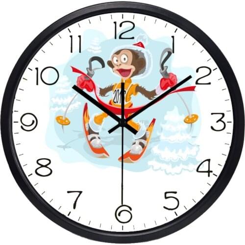 Skiing Monkey Metal Glass Funny Wall Clock, no Ticking Sound