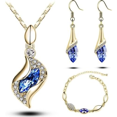 MIQIAO Yellow Gold Plated Color Luxury Crystal Piercing Earring Hook Pendant Collar Necklace Bangle Bracelet for Women Wedding