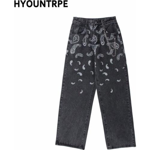 Fashion Harajuku Printed Jean Denim Pants Mens High Street Straight Zipper Trouser Hip Hop Streetwear Casual Loose Jeans Joggers