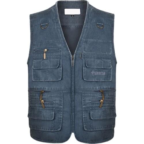 Plus Size 6XL 7XL Male Casual Summer Cotton Denim Vest Mens Sleeveless Jacket Multi Pocket Photograph Waistcoat chaleco hombre