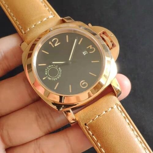 43mm Automatic The Mens' Watches Gift Calendar China Top Seagull Movement Gold Polished Case Leather Strap Male Waterproof Clock