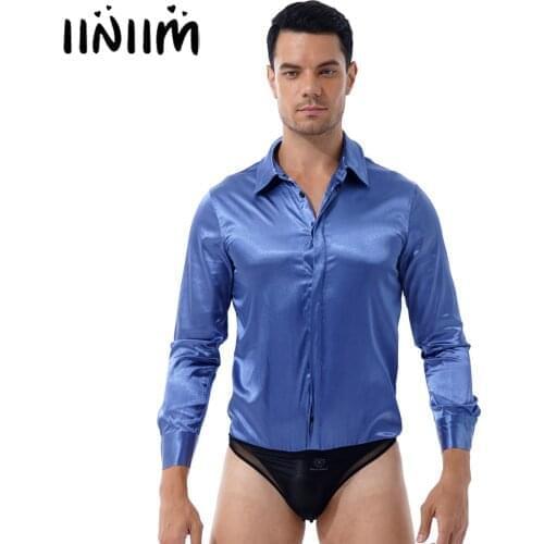 Men Button Crotch Bodysuit Casual Long Sleeve Satin Jumpsuits Business Wedding Party One-piece Turn-down Collar Coveralls