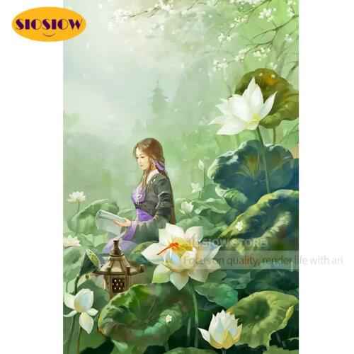 DIY 5d Diamond Mosaic Beads Embroidery Kits Girl Lotus Flower Chinese Cross Stitch 3D Daimond Painting Flowers Decor Living Room